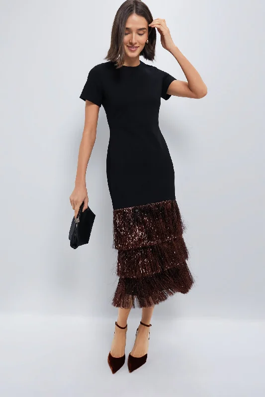 Printed Abstract Women Dress for a Modern and Artistic AppealPrinted Abstract Women Dress for a Modern and Artistic AppealBlack & Bronze Metallic Fringe Francie Short Sleeve Maxi Dress