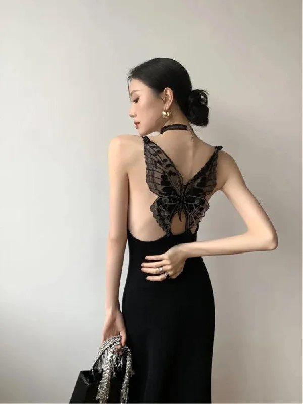 Empire Waist Women Dress to Accentuate the Bust and Conceal the WaistBlack Butterfly Back Midi Dress