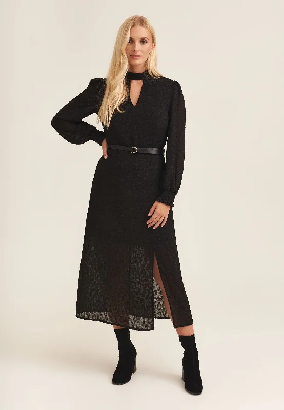 Maxi Women Dress with Floral Print for a Bohemian VibeMaxi Women Dress with Floral Print for a Bohemian VibeBlack Long Sleeve Keyhole Neckline Waist Tie Midi Dress