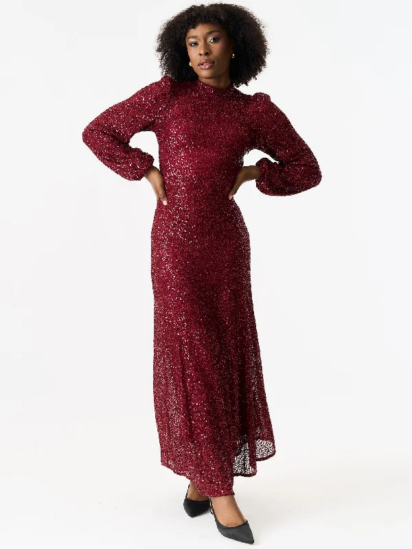 Ruffled Women Dress with Multiple Layers for a Playful and Girly StyleRuffled Women Dress with Multiple Layers for a Playful and Girly StyleBurgundy Sequin High Neck Occasion Midi Dress