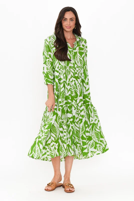 Maxi Women Dress with Floral Print for a Bohemian VibeCharli Green Leaf Cotton Collared Dress