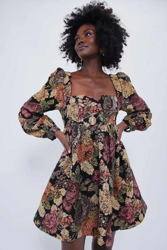 Ball Gown Women Dress with a Full Skirt for a Princess - like LookBall Gown Women Dress with a Full Skirt for a Princess - like LookChocolate Multi Fleur Dress
