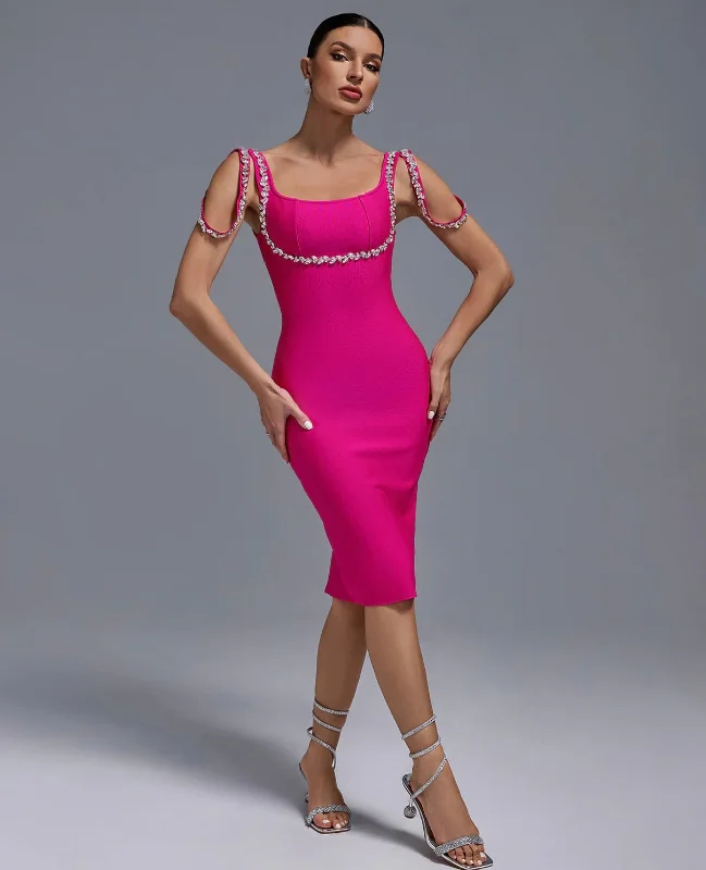 Plus Size Women Dress with a Flattering A - Line Cut for Comfort and StylePlus Size Women Dress with a Flattering A - Line Cut for Comfort and Style“Diamente” Square Neck Rhinestone Detailed Bandage Dress
