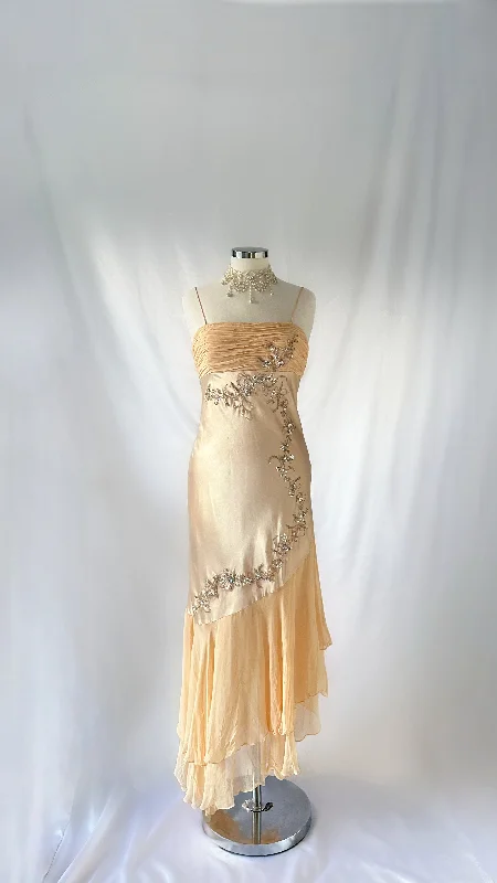 Mermaid - Style Women Dress with a Fitted Silhouette for Special OccasionsMermaid - Style Women Dress with a Fitted Silhouette for Special OccasionsChampagne Gold Embellished Asymmetrical Fairy Midaxi Dress