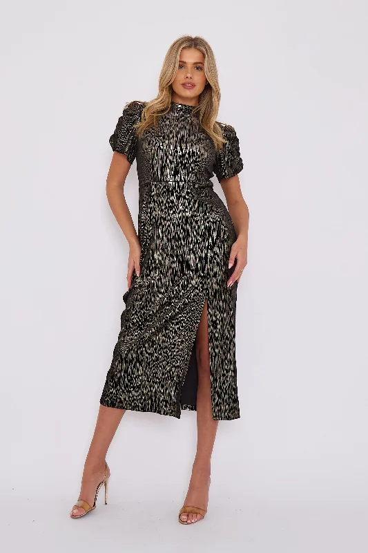 Ball Gown Women Dress with a Full Skirt for a Princess - like LookBall Gown Women Dress with a Full Skirt for a Princess - like LookBlack Foil Velour Midi Dress