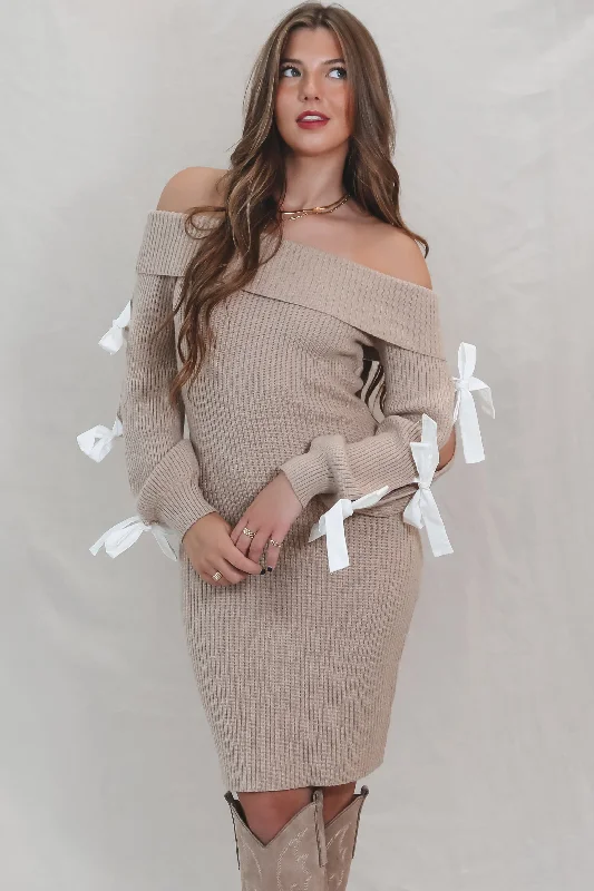 Sheath Women Dress with a Tailored Fit for a Professional LookGot A Crush On You Taupe Knit Off The Shoulder Bow Dress