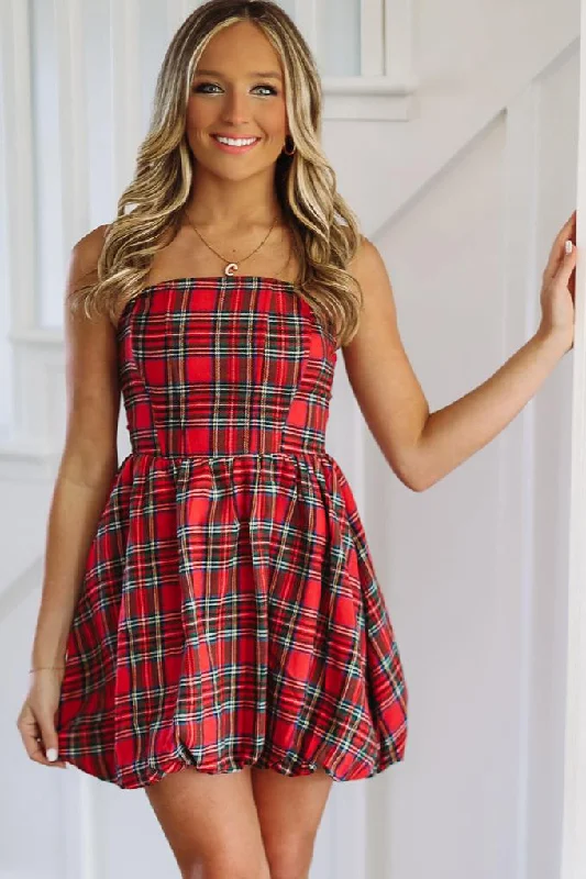 Off - the - Shoulder Women Dress for a Romantic and Feminine LookHoliday in Style Balloon Mini Dress - Red Plaid