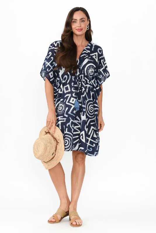 Mini Women Dress with a Short Hem for a Young and Trendy StyleIsabel Blue Geo Cotton Kaftan