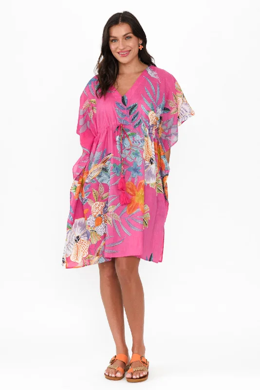 Strapless Women Dress with a Built - in Bra for Comfort and SupportIsabel Pink Bird Cotton Kaftan