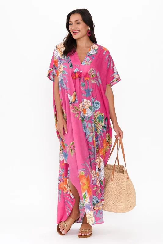 Backless Women Dress for a Sexy and Alluring Look at Evening EventsIsla Pink Bird Cotton Kaftan