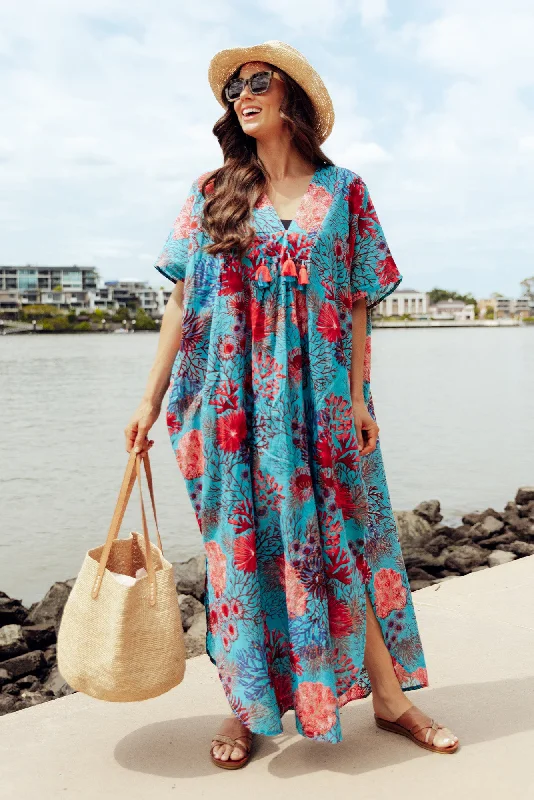 Maxi Women Dress with Floral Print for a Bohemian VibeIsla Turquoise Sea Cotton Kaftan