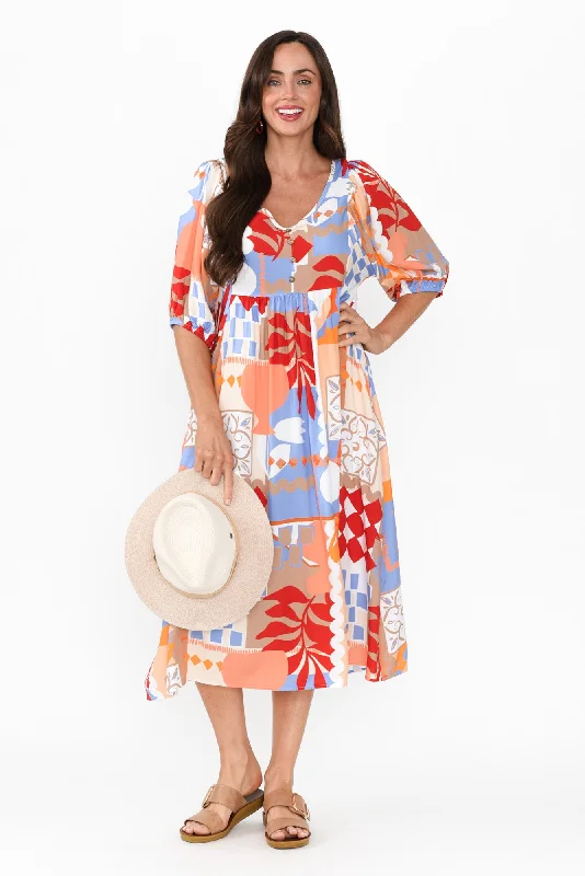 Off - the - Shoulder Women Dress for a Romantic and Feminine LookKacey Orange Mosaic Button Dress