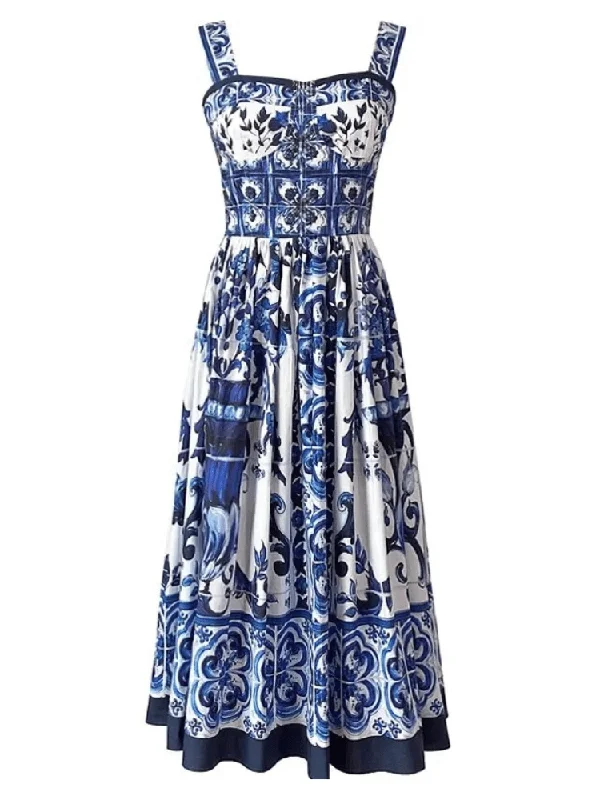 Backless Women Dress for a Sexy and Alluring Look at Evening EventsKim Corset Print Midi Dress - Blue Print