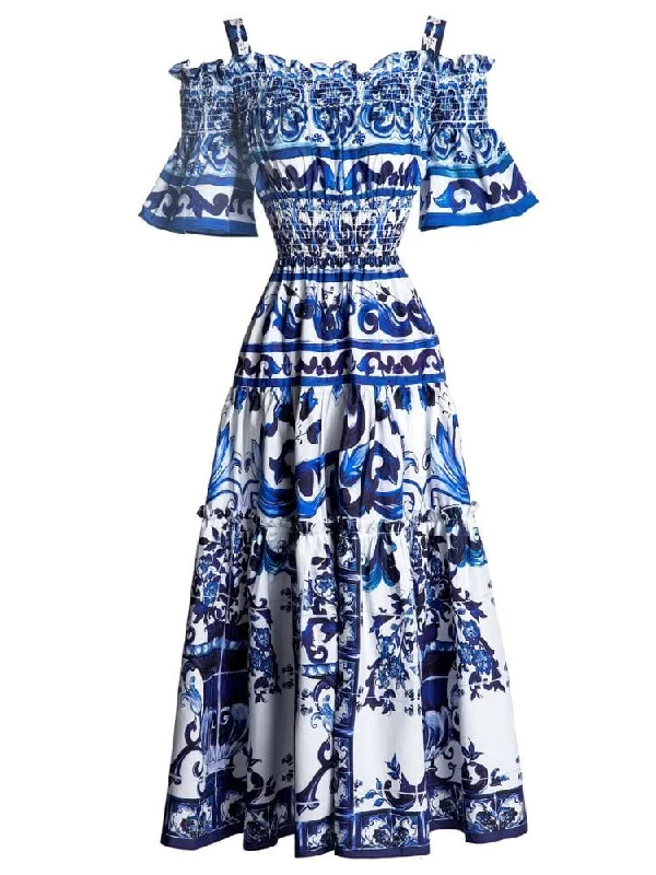 Off - the - Shoulder Women Dress for a Romantic and Feminine LookKim Off Shoulder Print Midi Dress - Blue Print