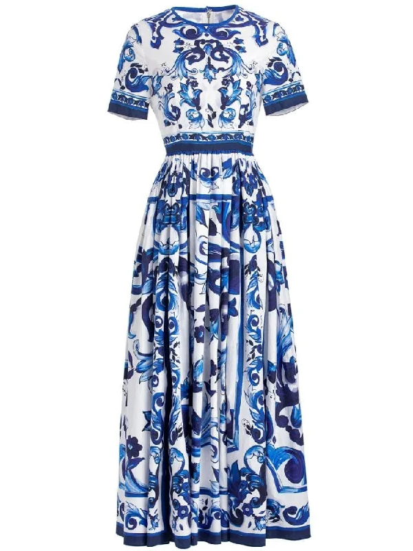 Mermaid - Style Women Dress with a Fitted Silhouette for Special OccasionsKim Short Sleeve Print Midi Dress - Blue Print