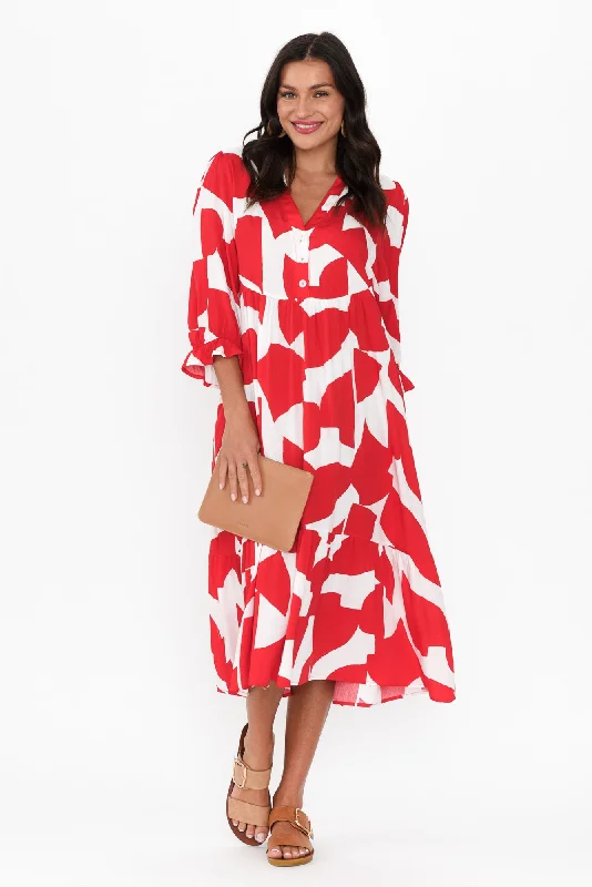 Plus Size Women Dress with a Flattering A - Line Cut for Comfort and StyleLeela Red Abstract Sleeved Dress