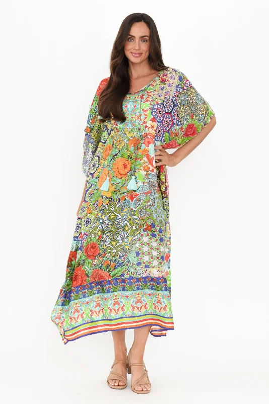 Sheath Women Dress with a Tailored Fit for a Professional LookMelita Green Mosaic Kaftan