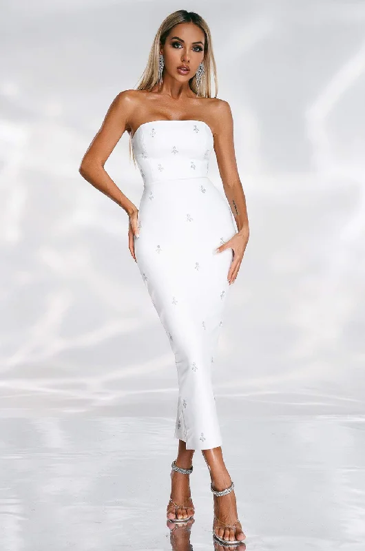 Strapless Women Dress with a Built - in Bra for Comfort and SupportStrapless Women Dress with a Built - in Bra for Comfort and Support"Miya" Strapless Crystal Embellished White Bandage Dress