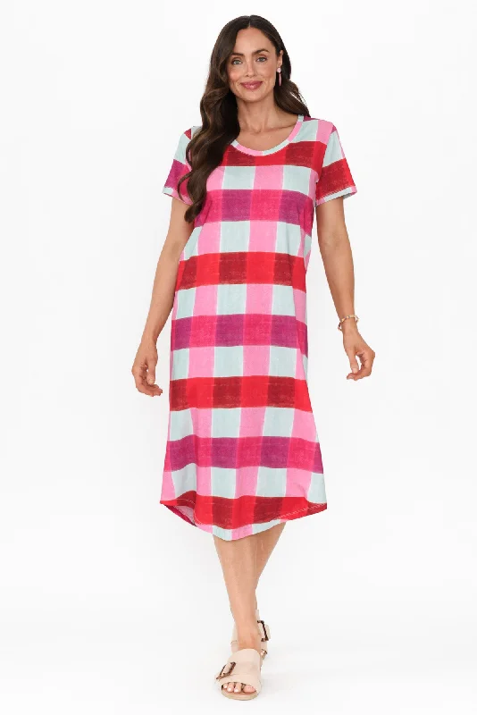 Ruffled Women Dress with Multiple Layers for a Playful and Girly StyleMonaco Pink Check Cotton Dress