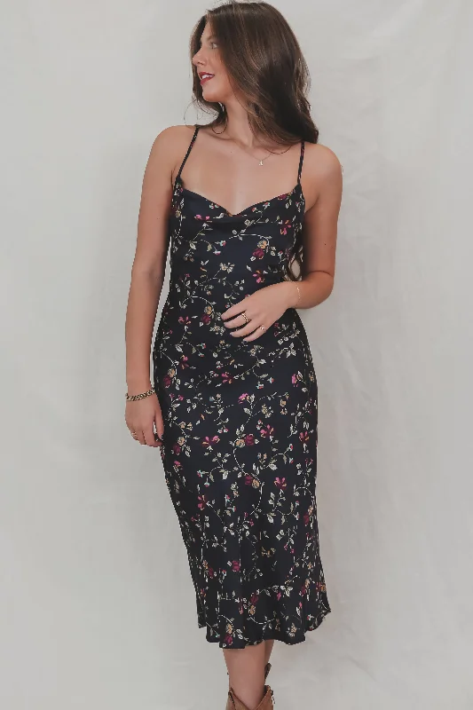 Mini Women Dress with a Short Hem for a Young and Trendy StyleIn Your Wildest Dream Navy Floral Satin Midi Dress