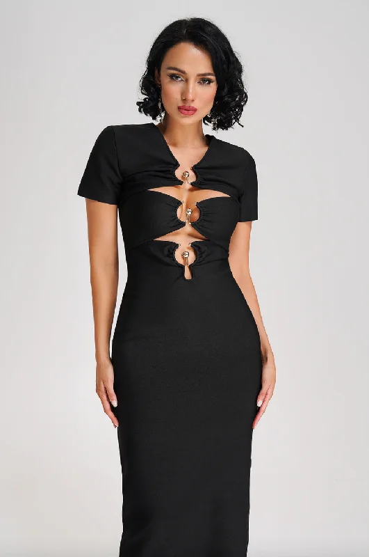 Mini Women Dress with a Short Hem for a Young and Trendy StyleMini Women Dress with a Short Hem for a Young and Trendy Style"Olga"  Gold Wired Cut Out Black Bandage Dress