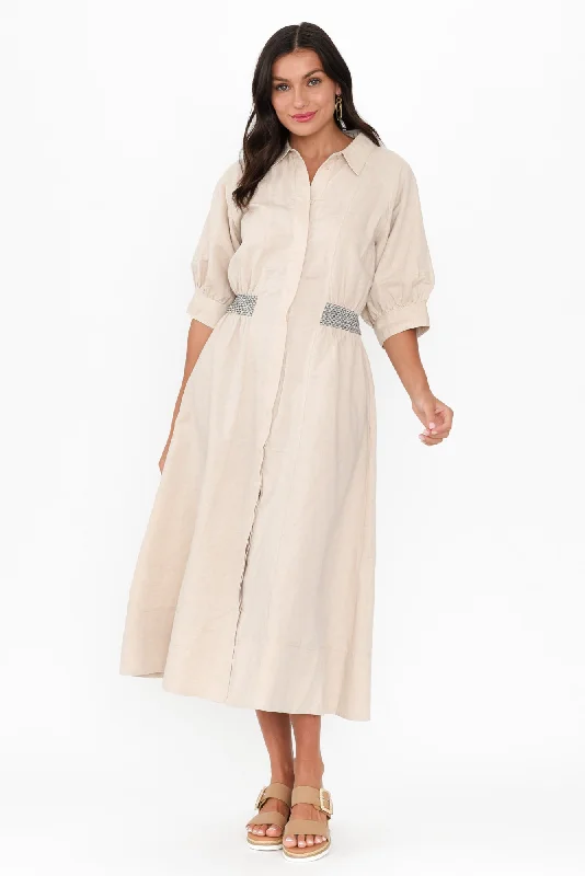 Plus Size Women Dress with a Flattering A - Line Cut for Comfort and StylePerlita Beige Linen Shirt Dress