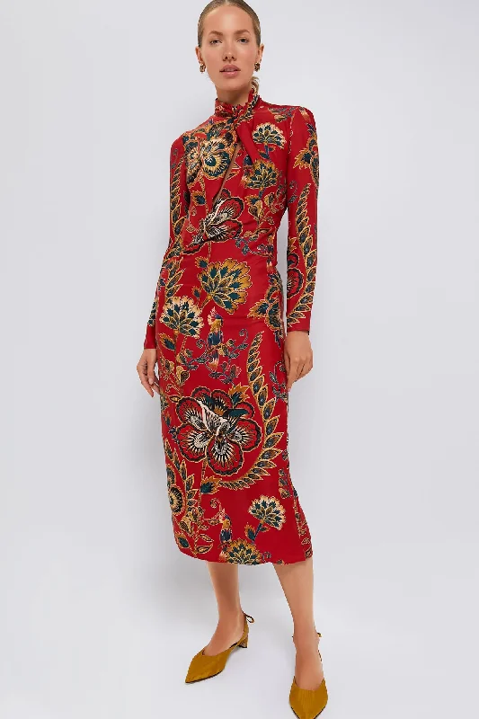 Empire Waist Women Dress to Accentuate the Bust and Conceal the WaistEmpire Waist Women Dress to Accentuate the Bust and Conceal the WaistRed Floral Cutout Long Sleeve Midi Dress
