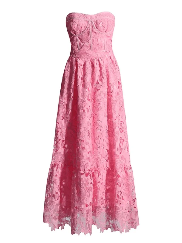 Printed Abstract Women Dress for a Modern and Artistic AppealSelene Strapless Midi Lace Dress - Pink