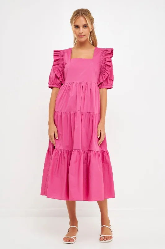 Off - the - Shoulder Women Dress for a Romantic and Feminine LookSquare Neck Ruffle Smocked Detail Midi Dress