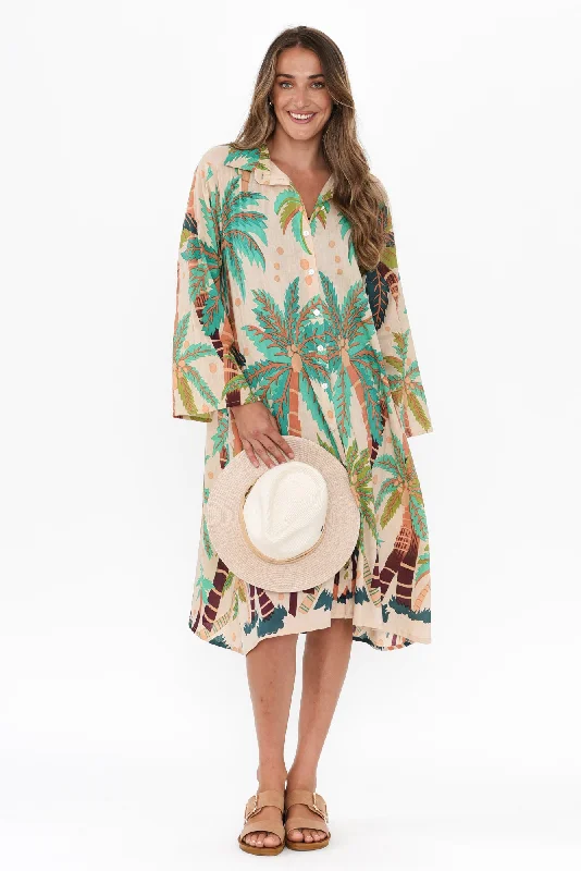 Halter Neck Women Dress to Show Off the Shoulders and NecklineStav Green Tropical Cotton Button Kaftan