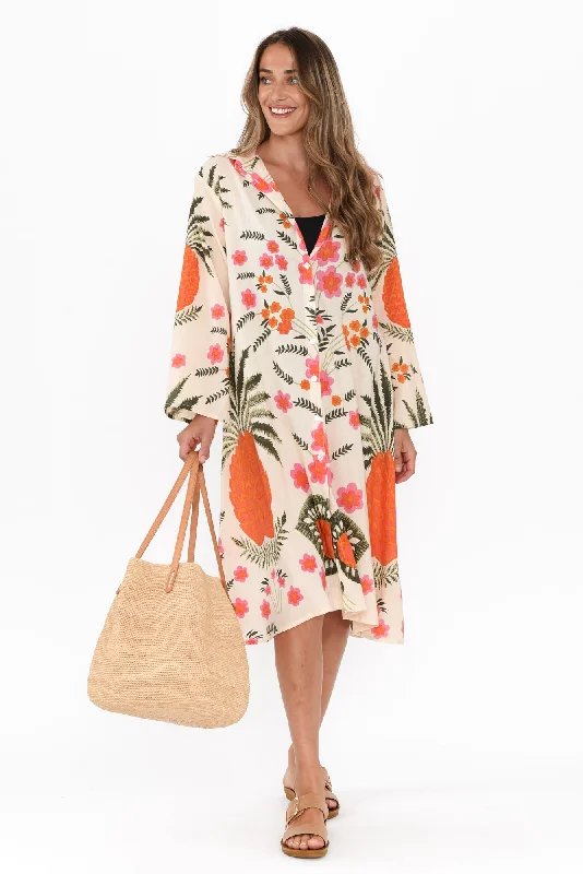 Shift Women Dress with a Simple and Classic Design for Everyday WearStav Orange Tropical Cotton Button Kaftan