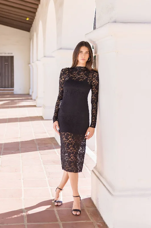 Empire Waist Women Dress to Accentuate the Bust and Conceal the WaistTida Long Sleeve Mock Neck Lace Midi Dress Black