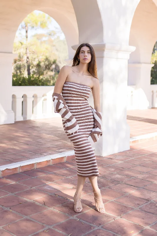 Plus Size Women Dress with a Flattering A - Line Cut for Comfort and StyleTrinity Sleeveless Stripe Print Knit Midi Dress And Cropped Cadigan Set Taupe