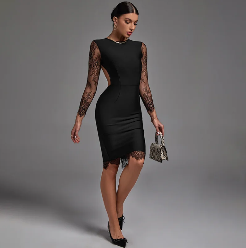Little Black Women Dress with Sequins for a Glamorous Night OutLittle Black Women Dress with Sequins for a Glamorous Night Out"Zoe" Sexy Black Lace Sleeves with Open Back Bandage Dress