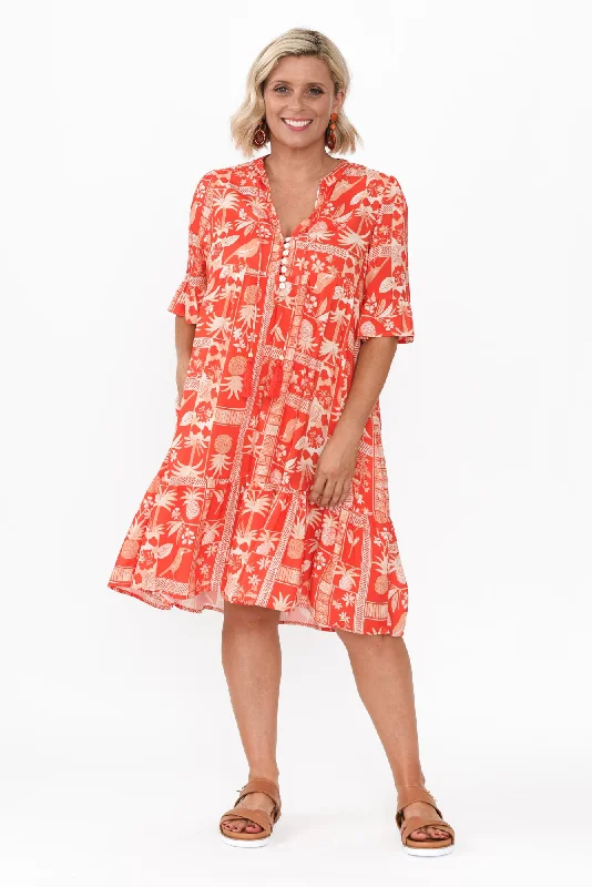 Printed Abstract Women Dress for a Modern and Artistic AppealZorita Red Tropical Frill Sleeve Dress