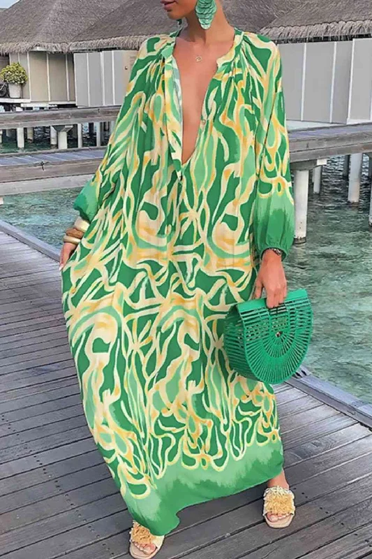 Plus Size Women Dress with a Flattering A - Line Cut for Comfort and StylePlus Size Women Dress with a Flattering A - Line Cut for Comfort and StyleAbstract Print Buttoned Balloon Sleeve Dress