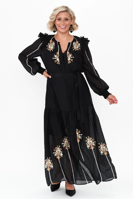Plus Size Women Dress with a Flattering A - Line Cut for Comfort and StylePlus Size Women Dress with a Flattering A - Line Cut for Comfort and StyleAquila Black Embroidered Cotton Silk Dress