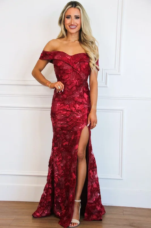 Little Black Women Dress with Sequins for a Glamorous Night OutLittle Black Women Dress with Sequins for a Glamorous Night OutArabella Textured Off Shoulder Maxi Dress: Burgundy