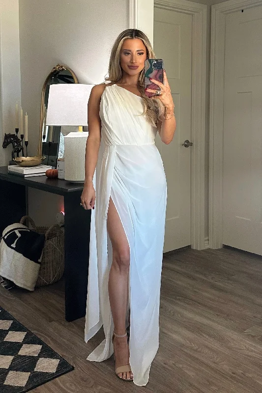 Mini Women Dress with a Short Hem for a Young and Trendy StyleAthena One Shoulder Cape Sleeve Maxi Dress: White