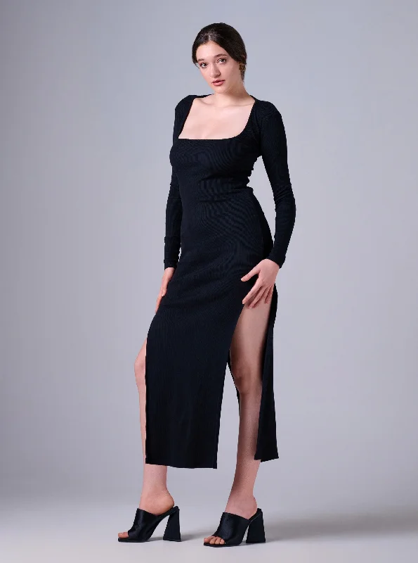 Mermaid - Style Women Dress with a Fitted Silhouette for Special OccasionsBLACK BRUSHED RIB DOUBLE SPLIT HEM MAXI DRESS