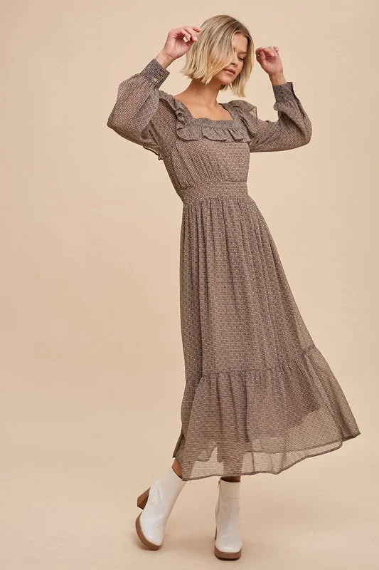 Shift Women Dress with a Simple and Classic Design for Everyday WearShift Women Dress with a Simple and Classic Design for Everyday WearBrown Geometric Print Midi Dress