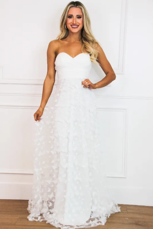 Ball Gown Women Dress with a Full Skirt for a Princess - like LookButterfly Kisses Strapless Applique Maxi Dress: White