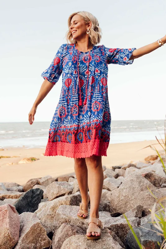 Backless Women Dress for a Sexy and Alluring Look at Evening EventsBackless Women Dress for a Sexy and Alluring Look at Evening EventsCayman Blue Motif Cotton Tunic Dress