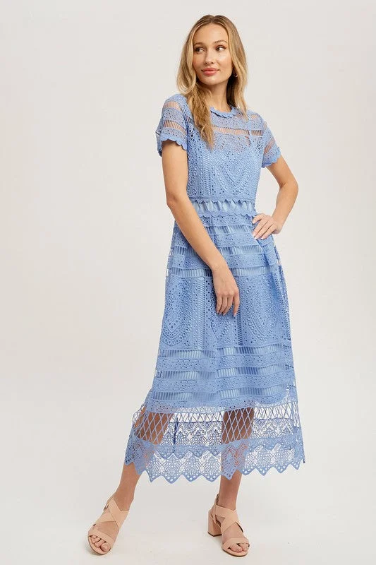 Ruffled Women Dress with Multiple Layers for a Playful and Girly StyleRuffled Women Dress with Multiple Layers for a Playful and Girly StyleCrochet Dress Hight Neck Short Sleeves, Wedding Guest Dress