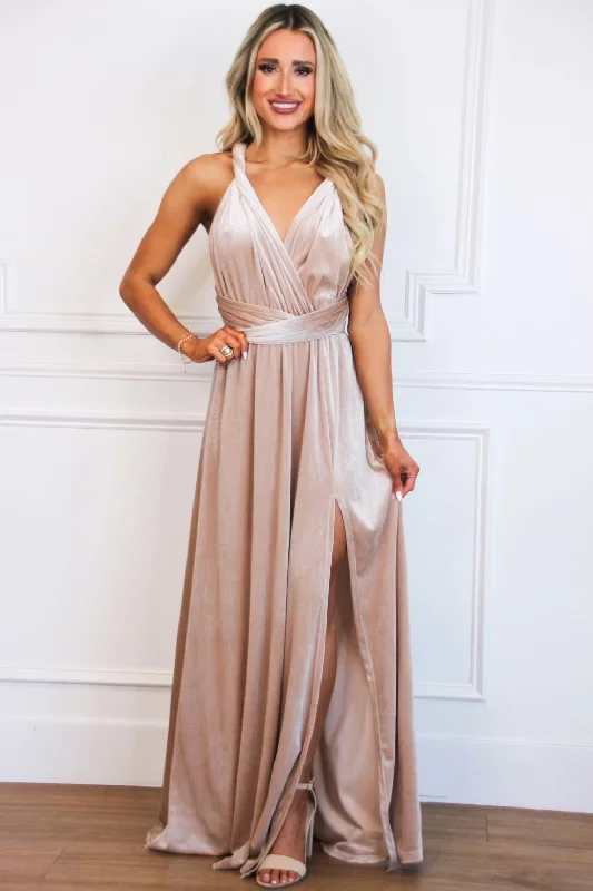 Lace - Embellished Women Dress for an Elegant and Sophisticated AppearanceLace - Embellished Women Dress for an Elegant and Sophisticated AppearanceClassic Wrap Maxi Dress: Champagne VELVET