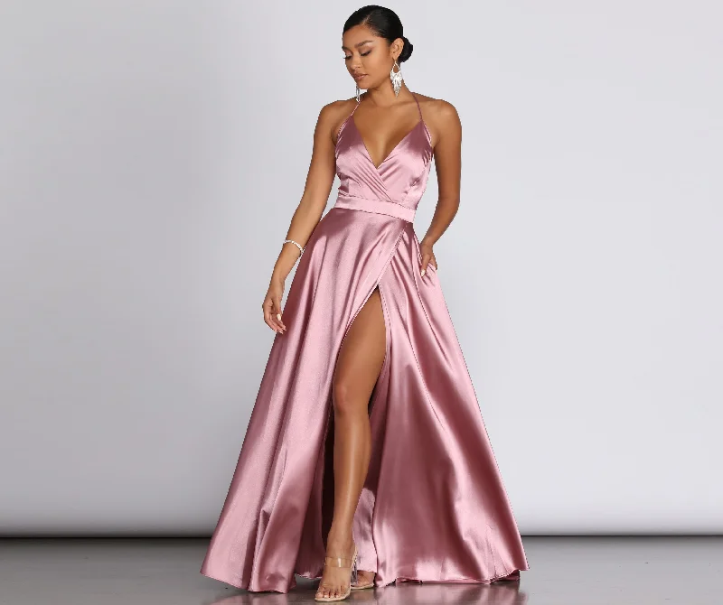 Plus Size Women Dress with a Flattering A - Line Cut for Comfort and StylePlus Size Women Dress with a Flattering A - Line Cut for Comfort and StyleEllie Formal Satin High Slit Dress