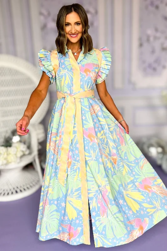 Off - the - Shoulder Women Dress for a Romantic and Feminine LookEmily McCarthy Blue Multi Print Classic Collar Pleated Ruffle Sleeve Maxi Dress