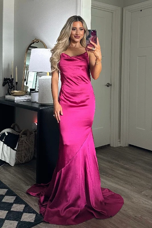 Halter Neck Women Dress to Show Off the Shoulders and NecklineHalter Neck Women Dress to Show Off the Shoulders and NecklineEzra Cowl Back Satin Maxi Dress: Magenta