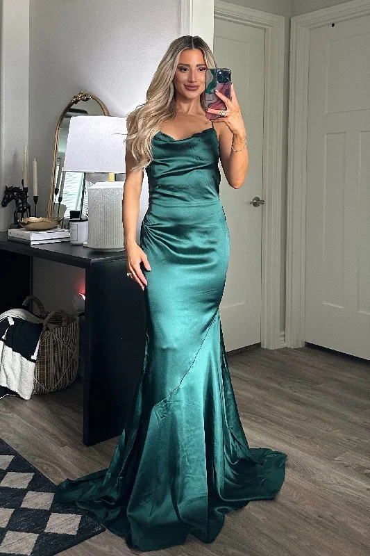 Mini Women Dress with a Short Hem for a Young and Trendy StyleMini Women Dress with a Short Hem for a Young and Trendy StyleEzra Cowl Back Satin Maxi Dress: Emerald
