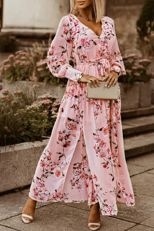Strapless Women Dress with a Built - in Bra for Comfort and SupportStrapless Women Dress with a Built - in Bra for Comfort and SupportFloral Tie Belt Bishop Sleeve Slit Maxi Dress